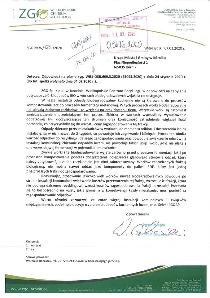 Odpady BIO w kubłach tylko luzem ! - Odpowiedź ZGO Jarocin 1 odpowiedz odpady bio