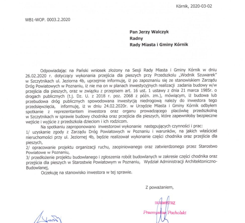 Przejście dla pieszych - Szczytniki ul. Jeziorna 1 przejscie dla pieszych szczytniki odpowiedz
